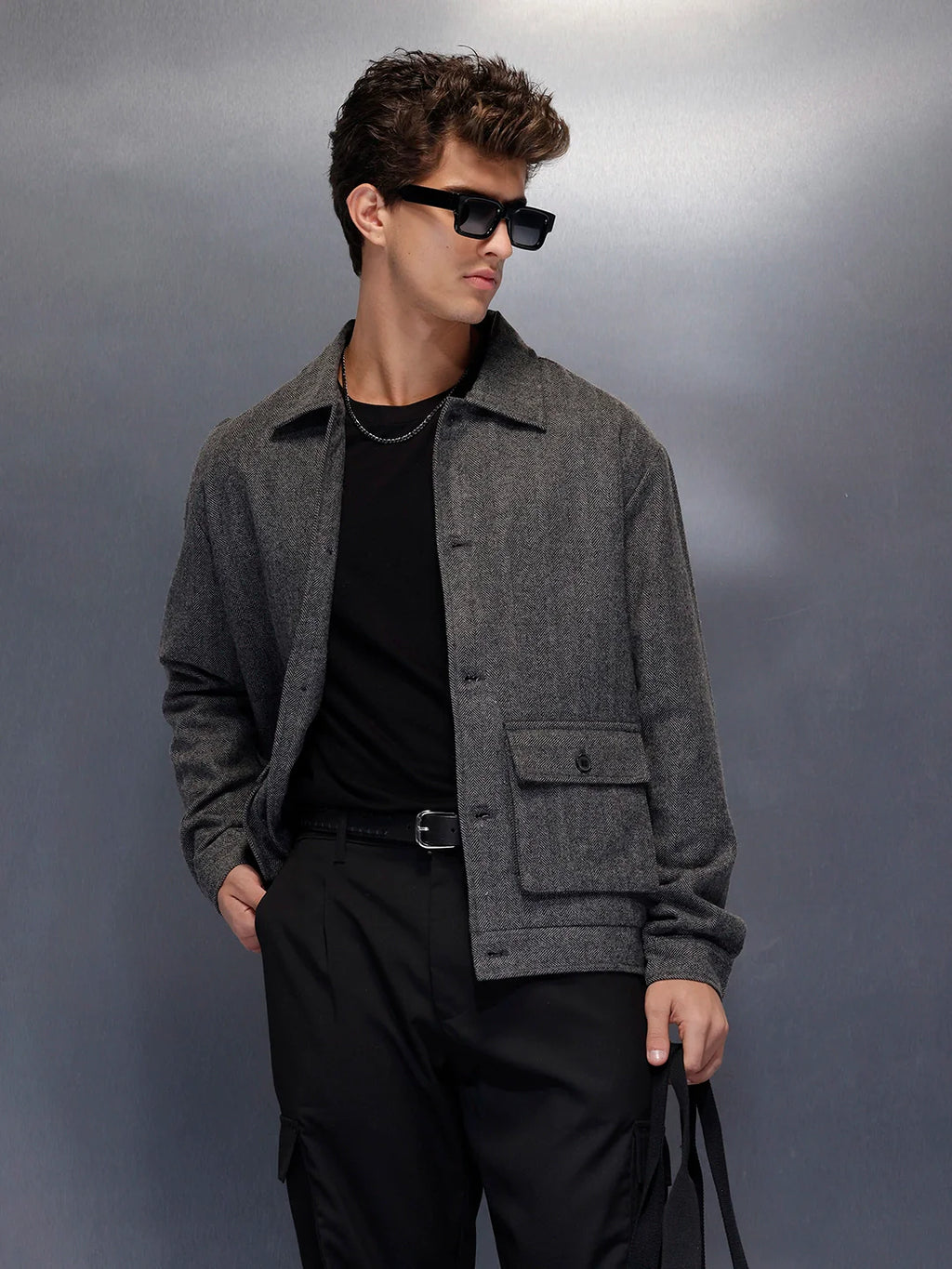 Classic Grey Button-Down tectured jacket | Black