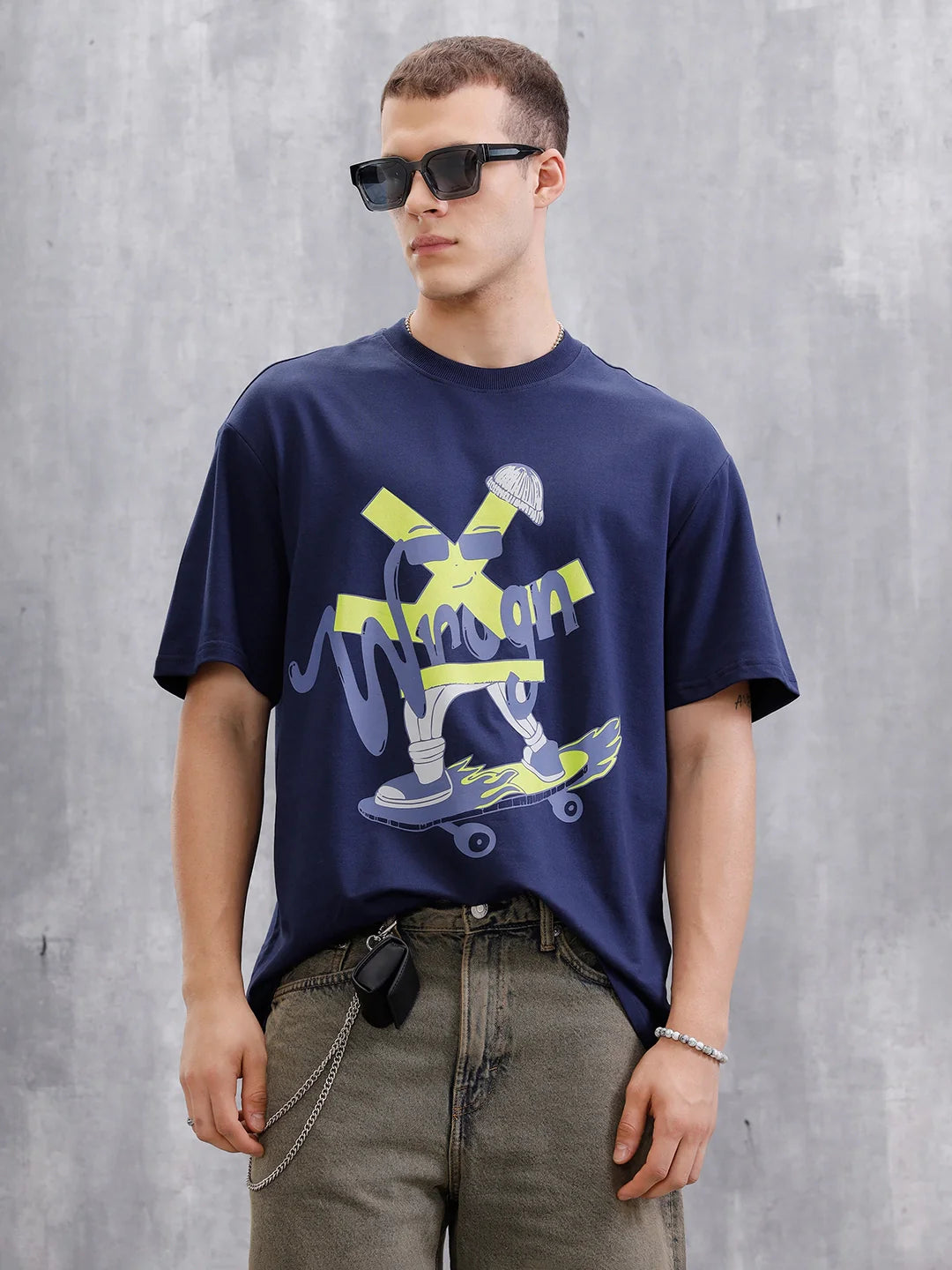 Skater Logo Printed Oversized Fit T-Shirt  | Navy Blue