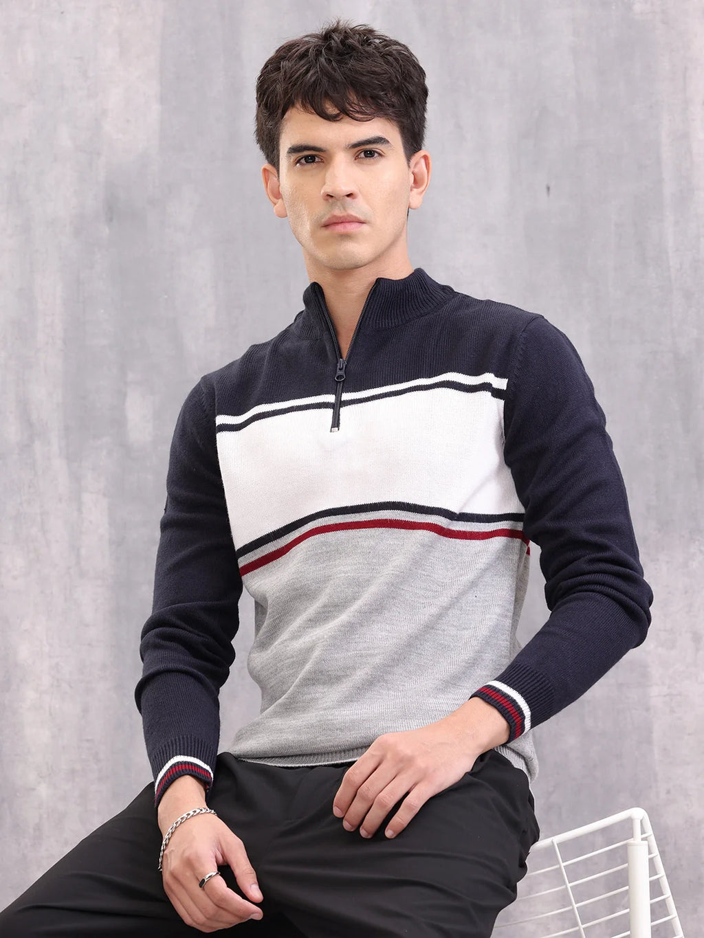 Colourblock Half Zipper Pullover Sweater | Navy Blue