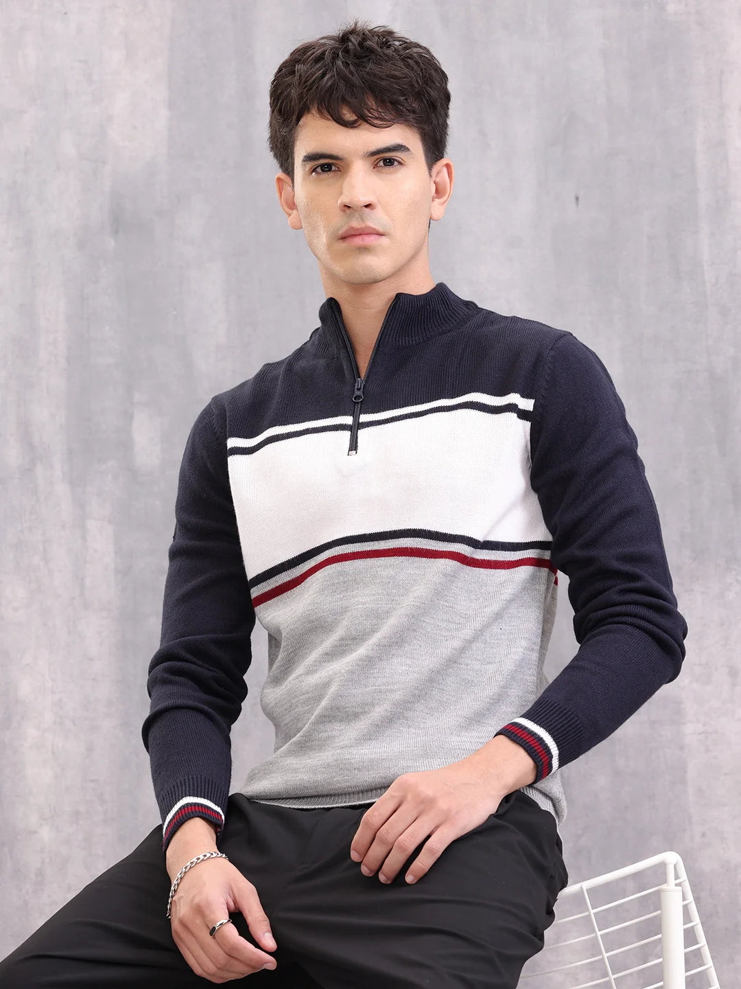 Colourblock Half Zipper Pullover Sweater | Navy Blue