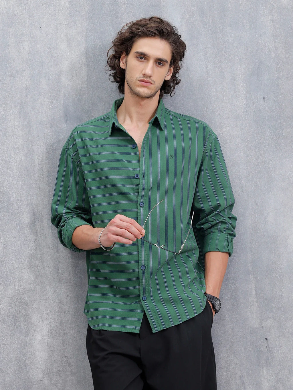 Asymmetrical Striped Oversized Shirt For Men | Dark Green