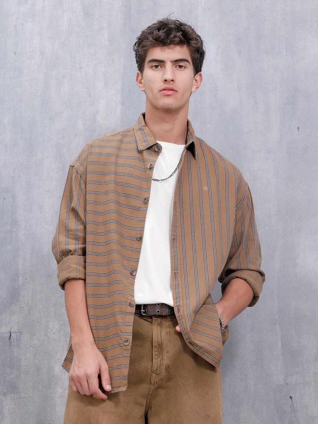 Asymmetrical Striped Oversized Shirt For Men | Brown