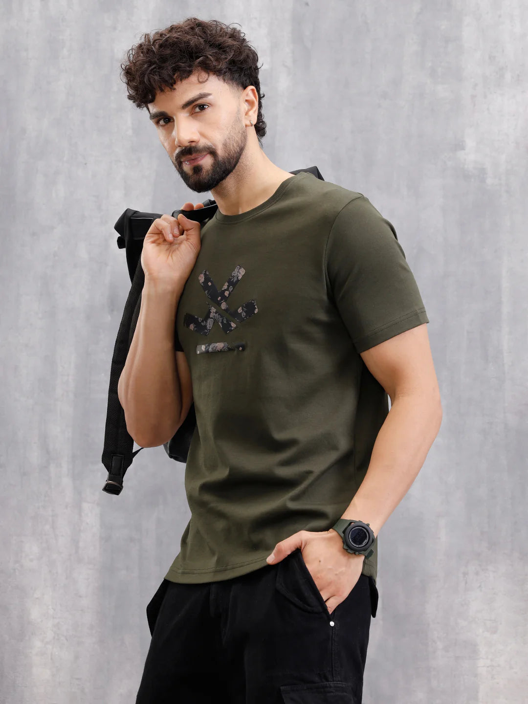 Premium Interlock Base With Dark Floral Logo Brand Carrier Crew Neck T-Shirt | Olive