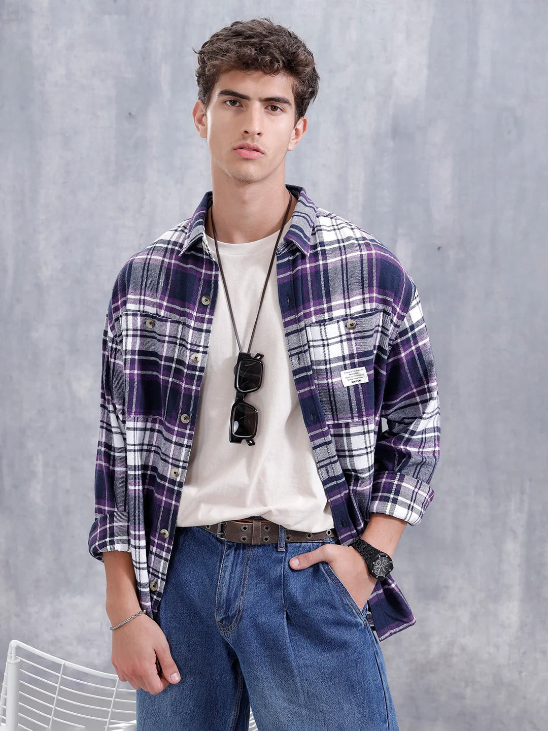 Checkered Pattern Double Pocket Shirt For Men | Purple