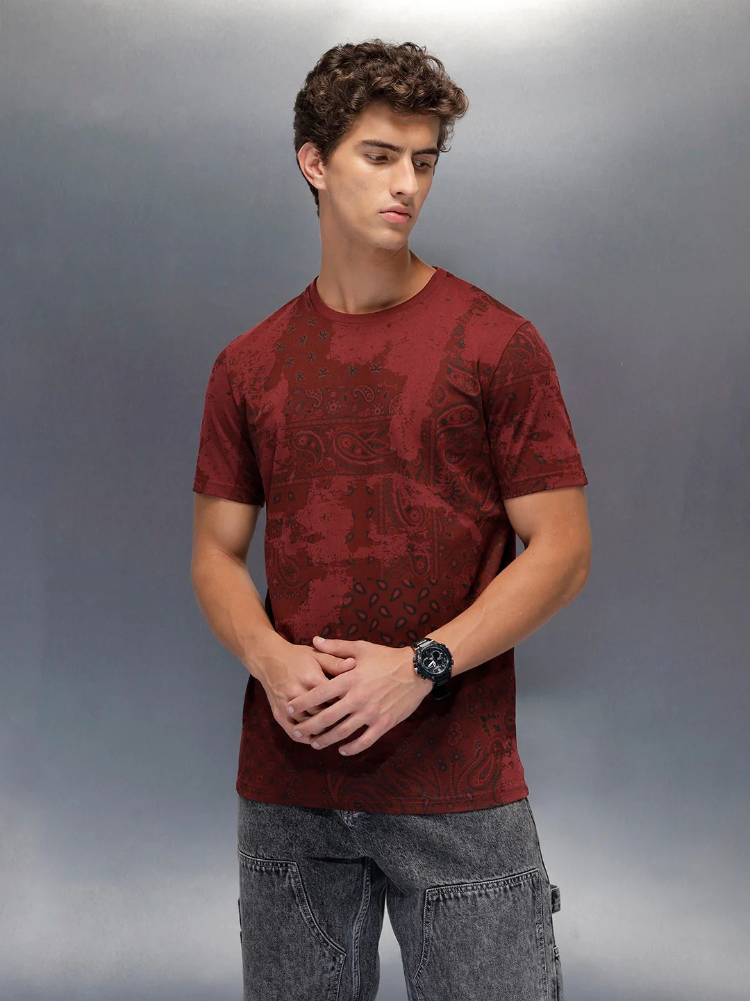 Men's slim fit Casual Tshirt with Paisley AOP  | Maroon