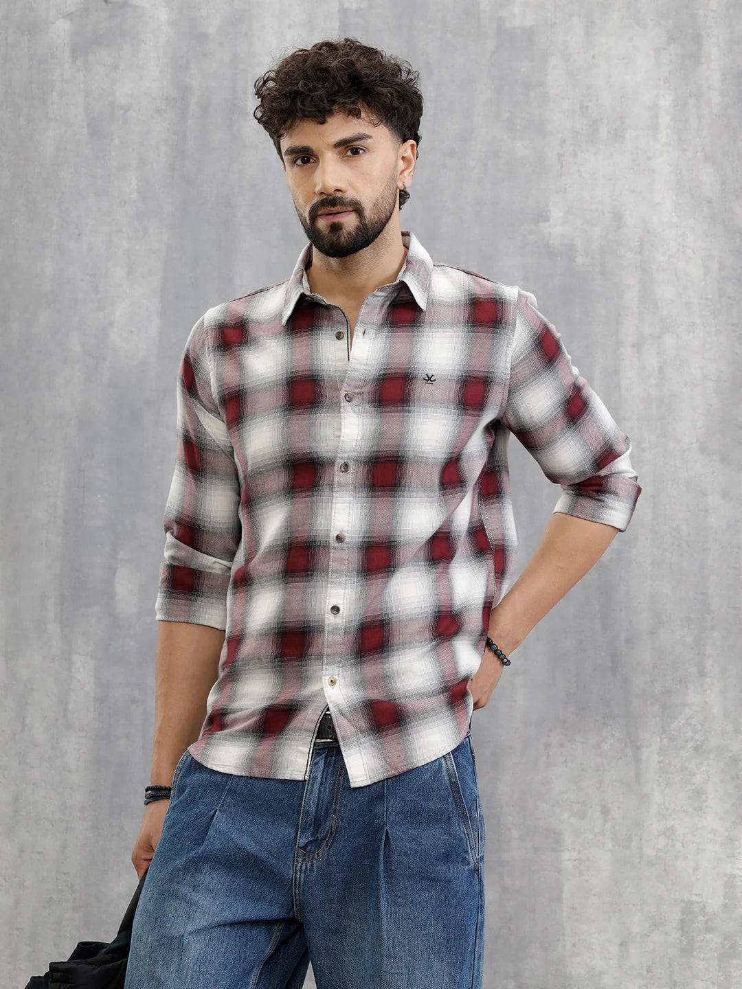 Cotton Twill Shadow Check Shirt In Slim Fit | Wine