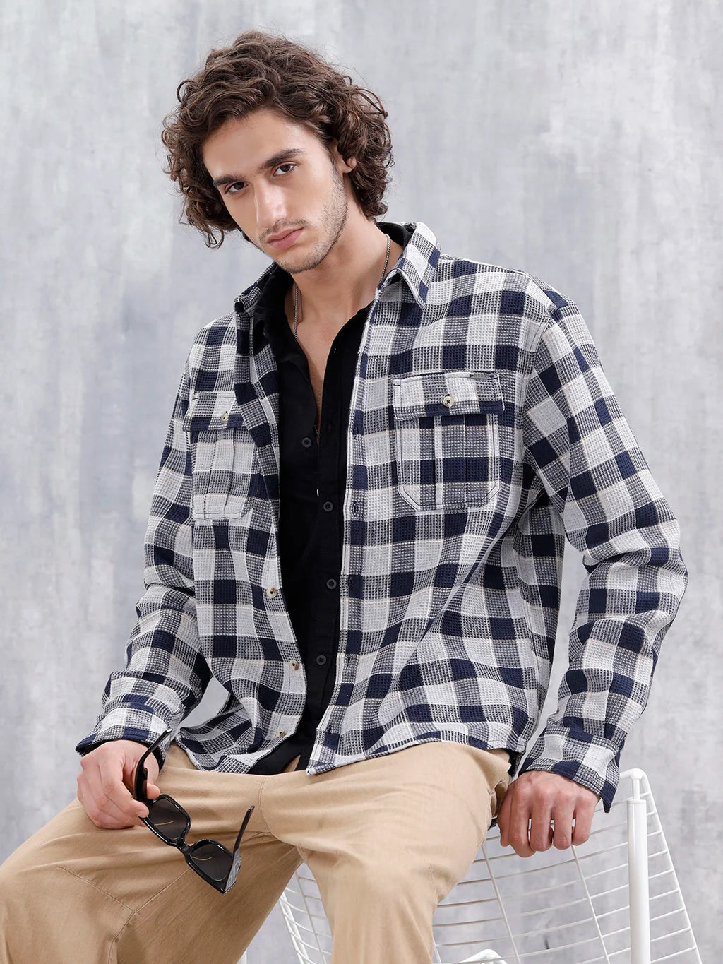 Checkered Pattern Double Pocket Comfort Fit Shirt | Navy Blue