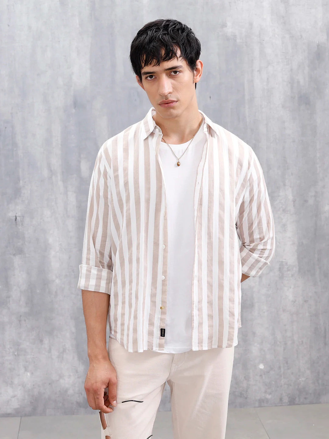 Comfort Fit Striped Casual Shirt For Men | Beige