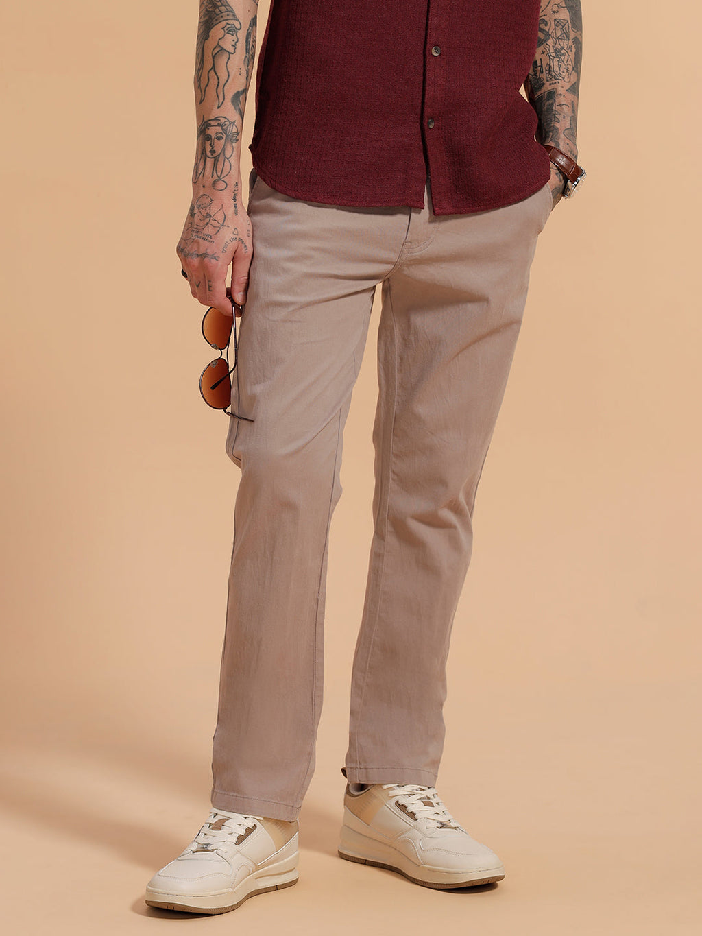 Cotton Blend Chino Trouser | Beige