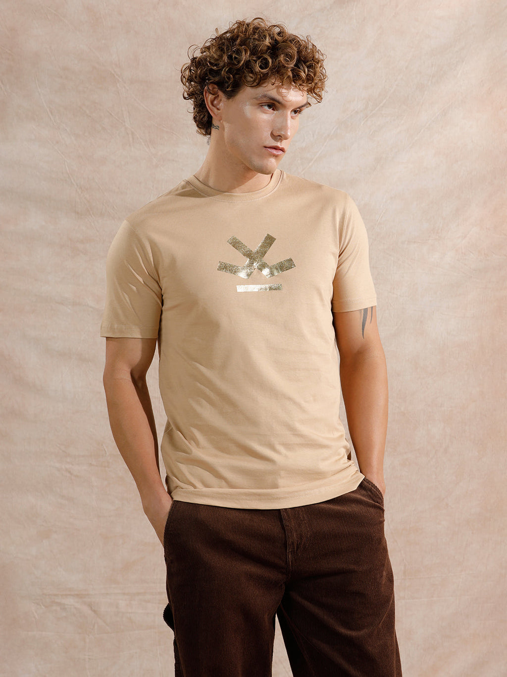 Gold Foil Print Slim Fit T-Shirt | Beige