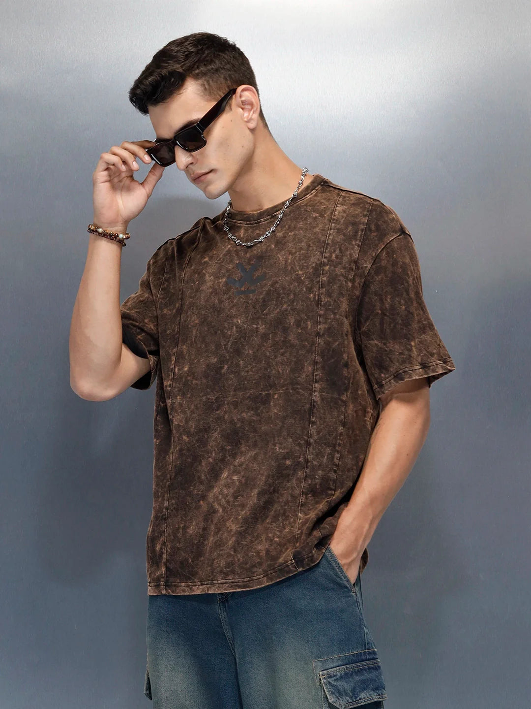 Acid Washed Oversized Fit Worgn Printed T-Shirt | Black