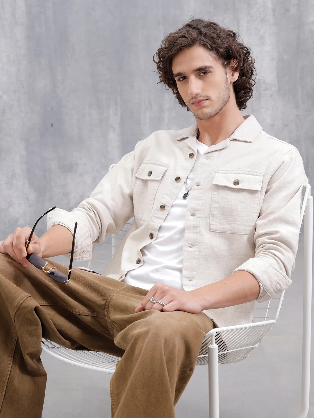 Cotton Slub Overshirt In Regular Fit | Beige