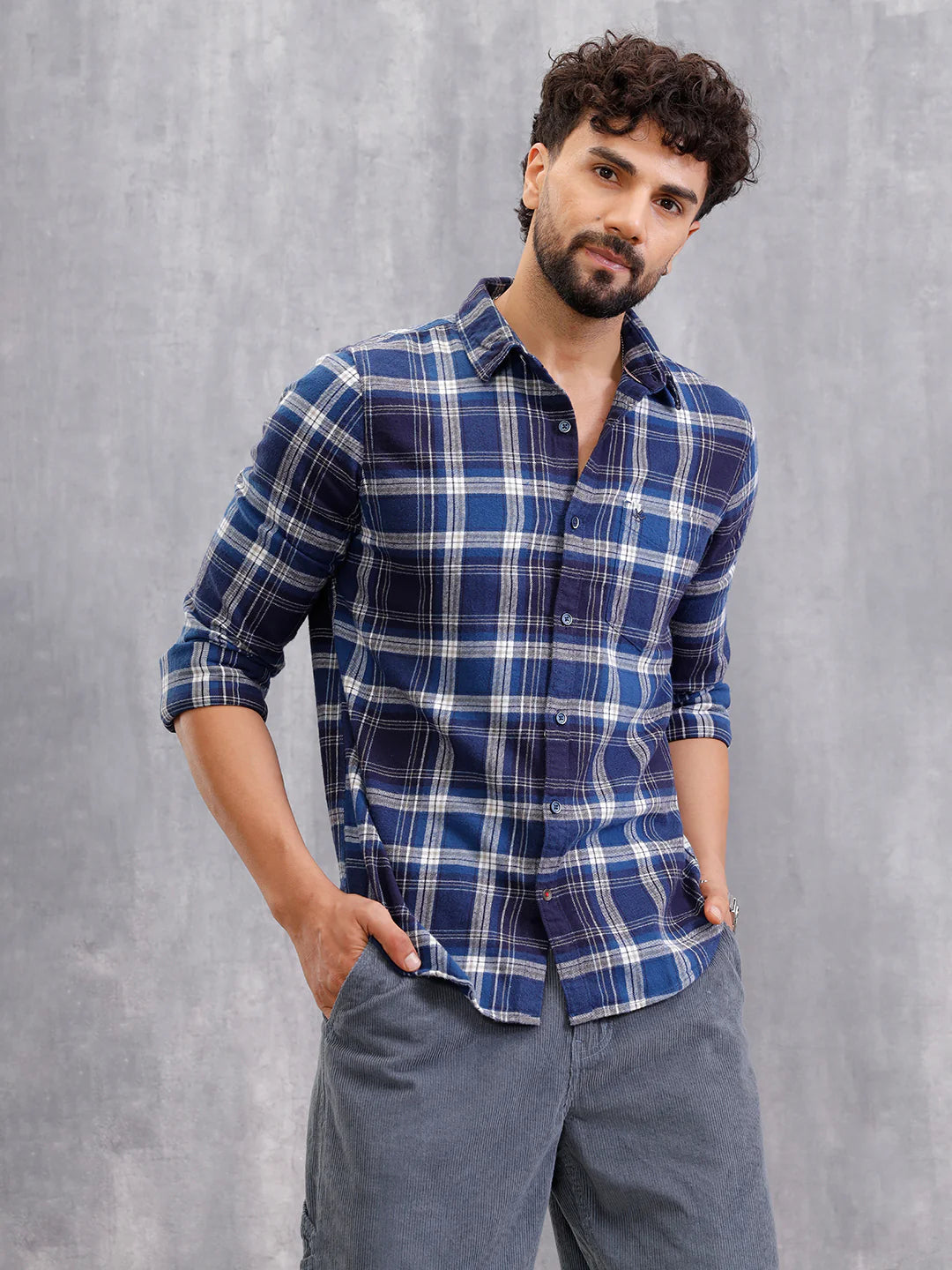 Brushed Flannel Check Shirt In Slim Fit  | Navy Blue
