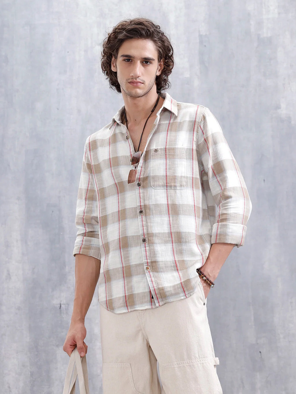 Cotton Twill Slub Checks Slim Fit Shirt | Beige