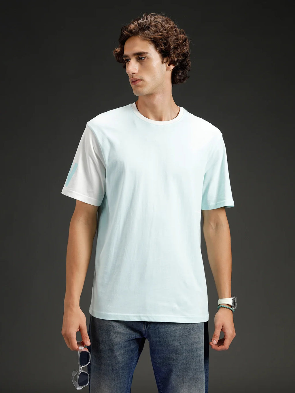 Wrogn Regular Fit Colorblocked T-shirt | Light Blue