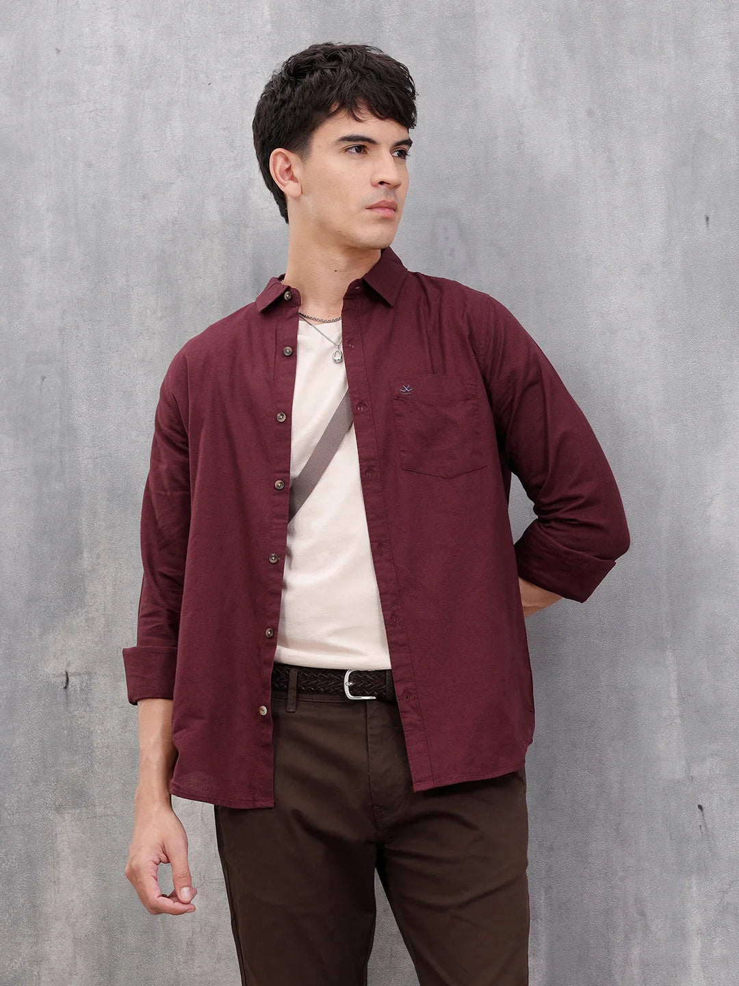 Cotton Slub Solid Shirt In Slim Fit  |  Maroon