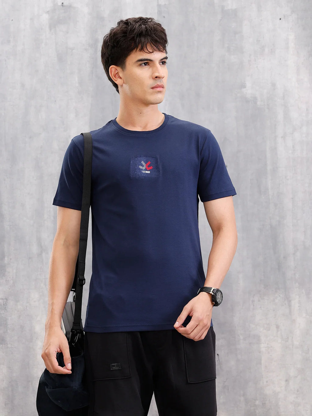 Gold Finish Interlock Tee With Embroidery On Chest   | Navy Blue