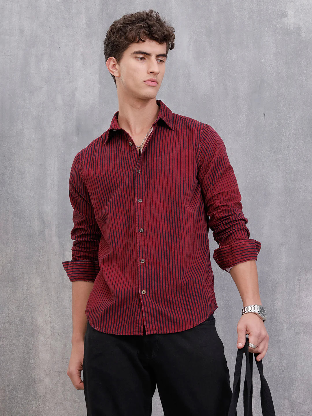 Corduroy Lenticular Stripe Print Shirt | Dark Maroon