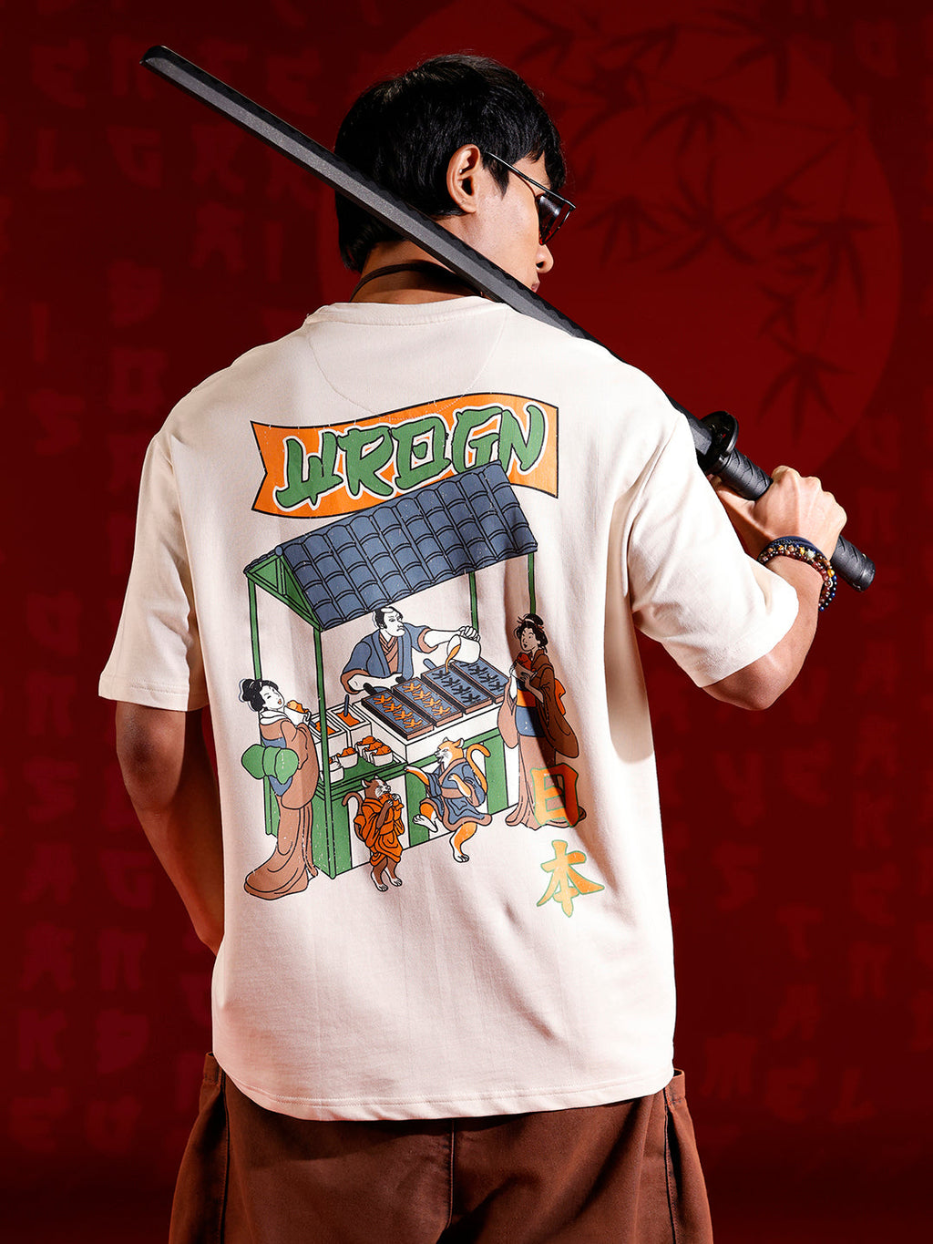 Oversized Black Cotton T-shirt with Graphic Accent | Beige