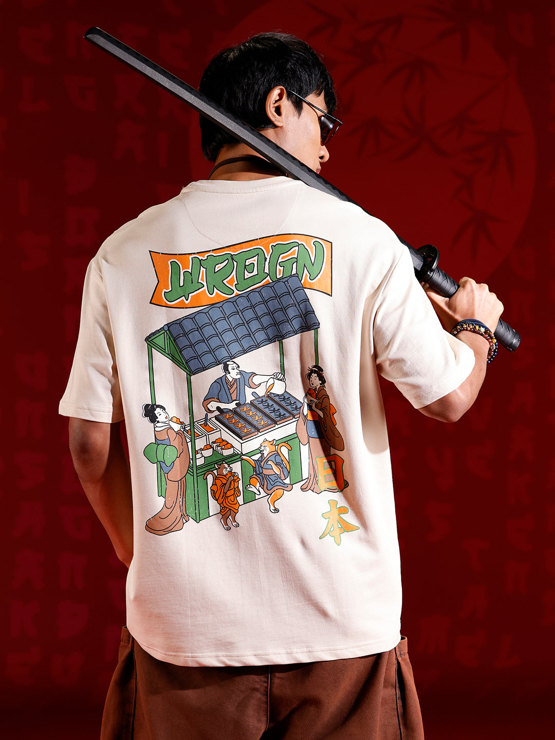 Oversized Black Cotton T-shirt with Graphic Accent | Beige