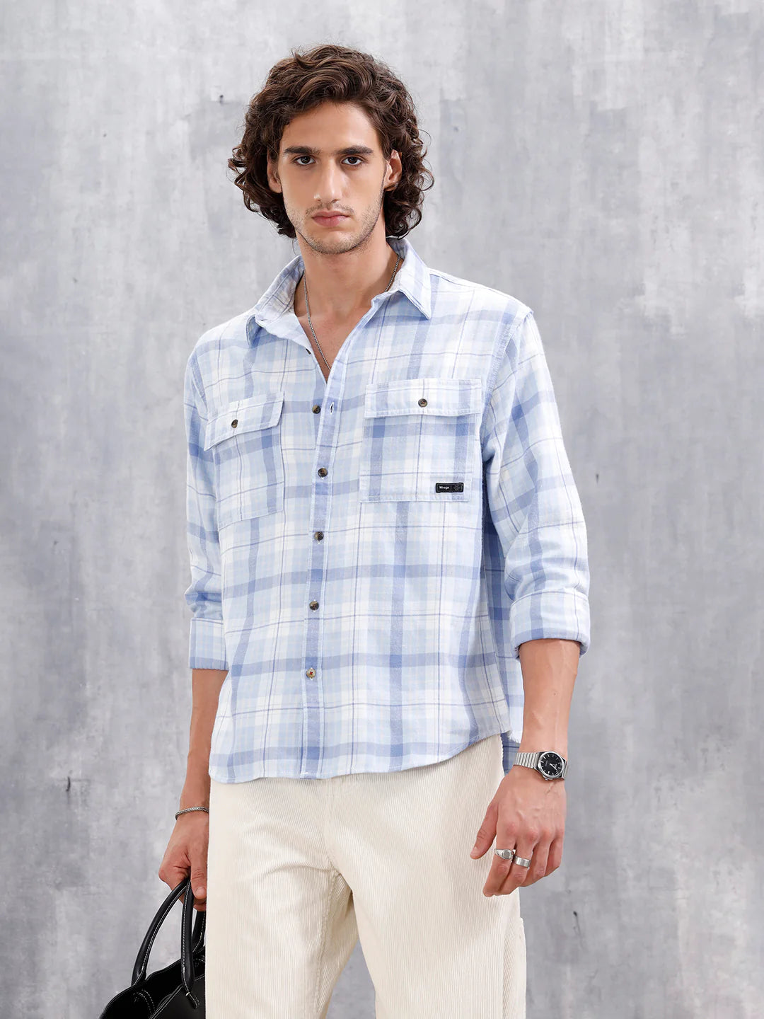 Comfort Fit Checkered Pattern Shirt With Double Pockets | Blue