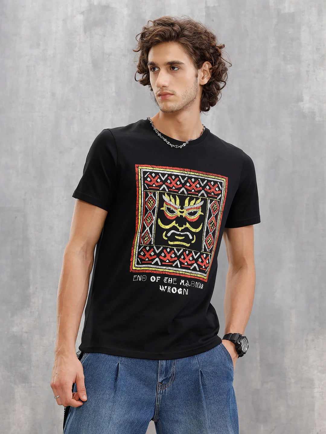 Mythical Face Graphic Crew Neck T-Shirt In Slim Fit  |  Black