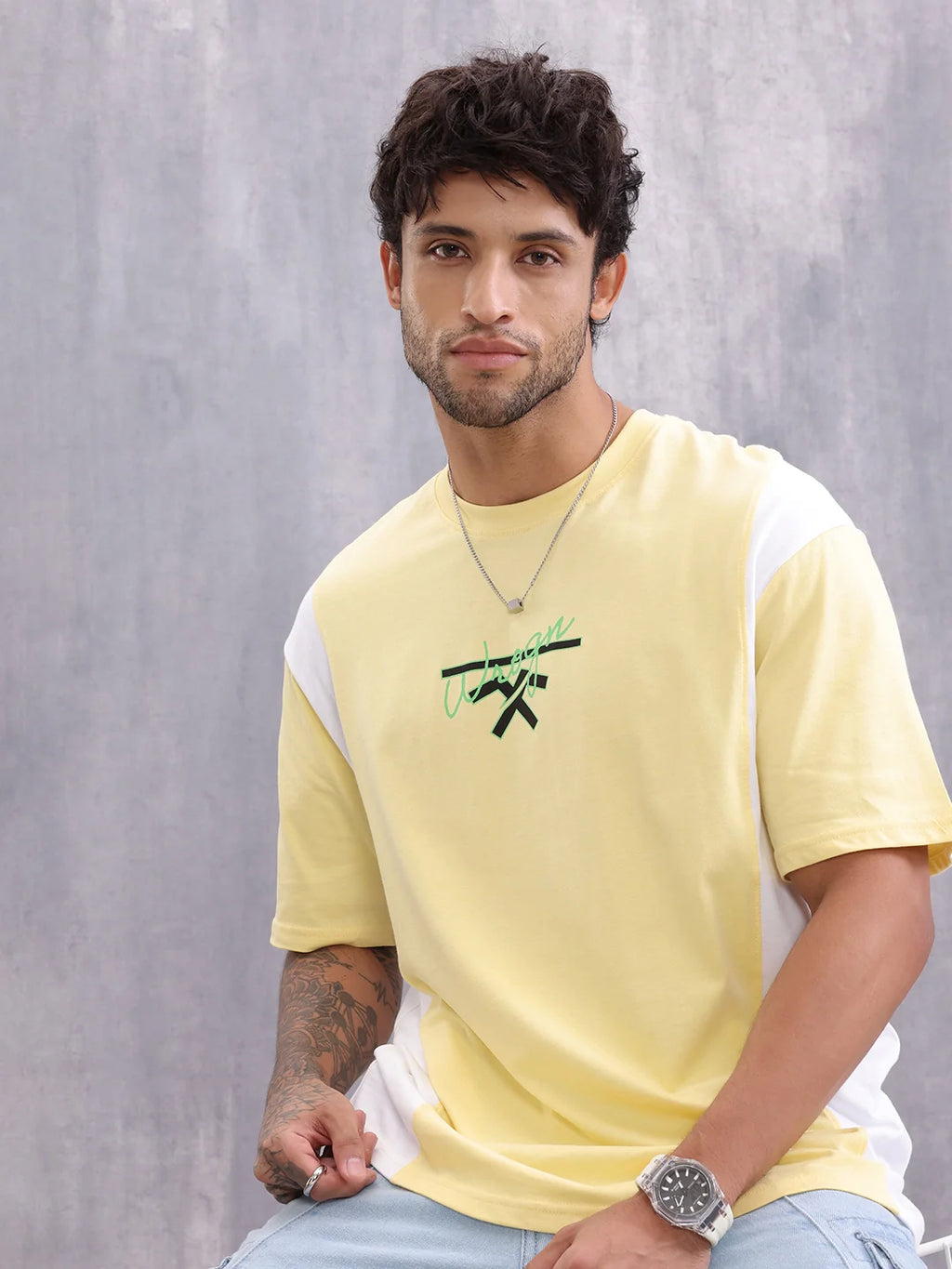 Retro Colourblock Oversized Fit T-shirt With Print | Yellow