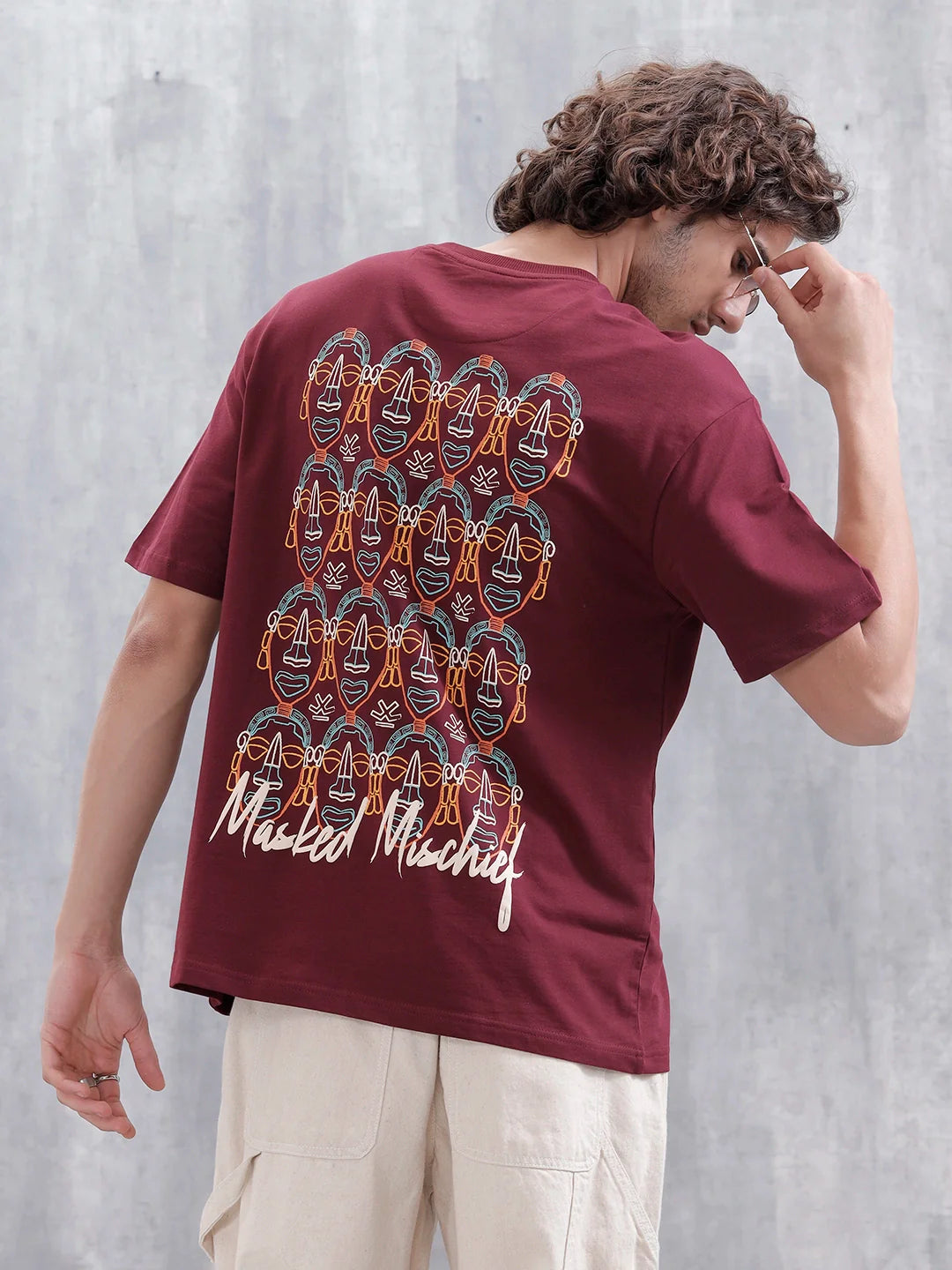Mythical Faces Oversized Cotton Back Print T-Shirt | Maroon