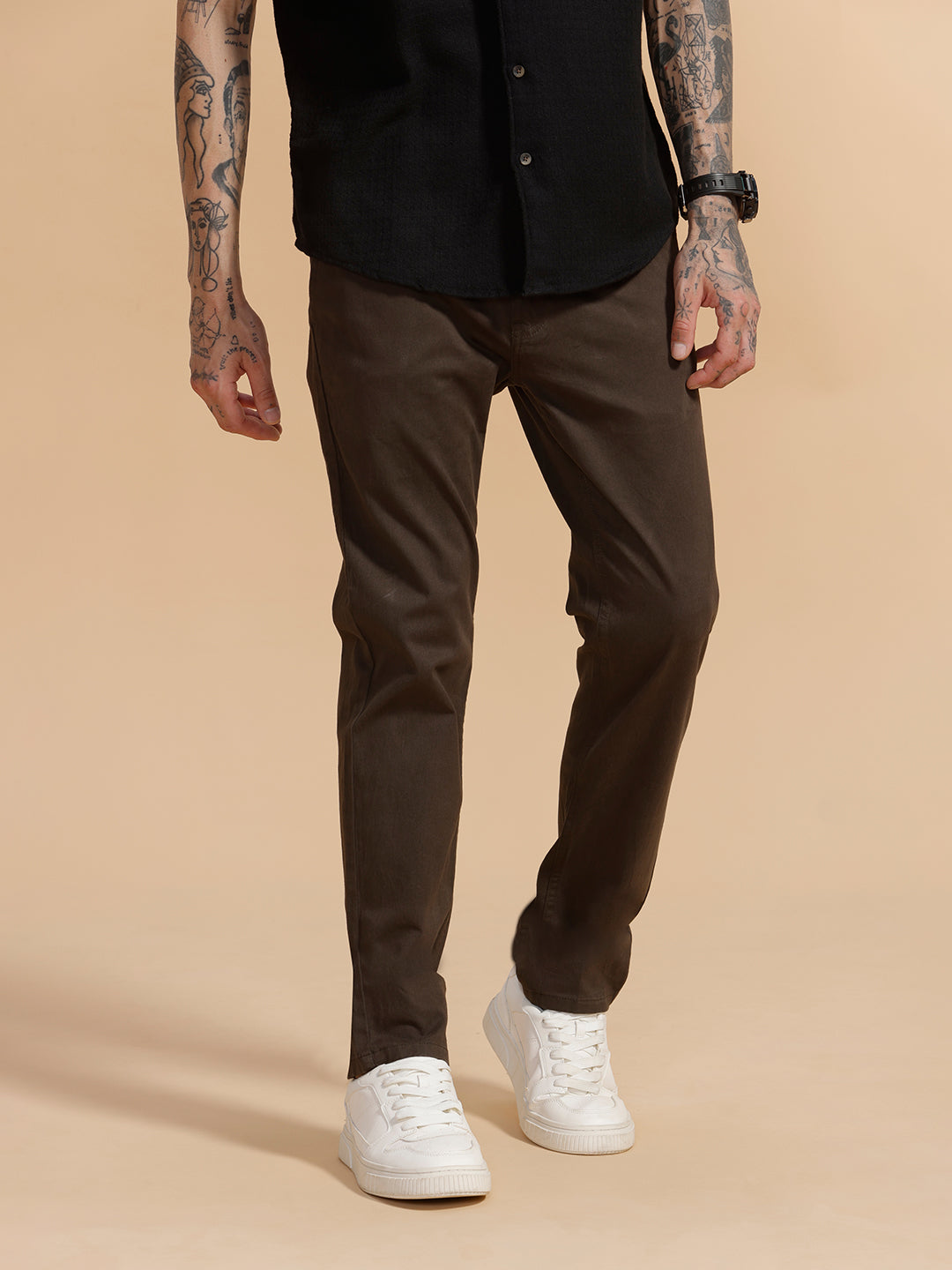 Cotton Blend Chino Trouser | Dark Olive