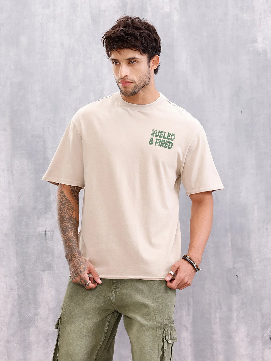 Retro Wash Graphic Printed Tshirt With Raw Edge Detail | Beige