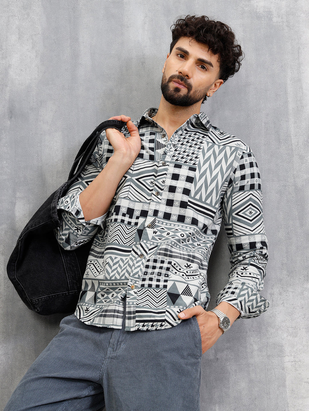 Corduroy Geometric Print Shirt In Slim Fit | Grey