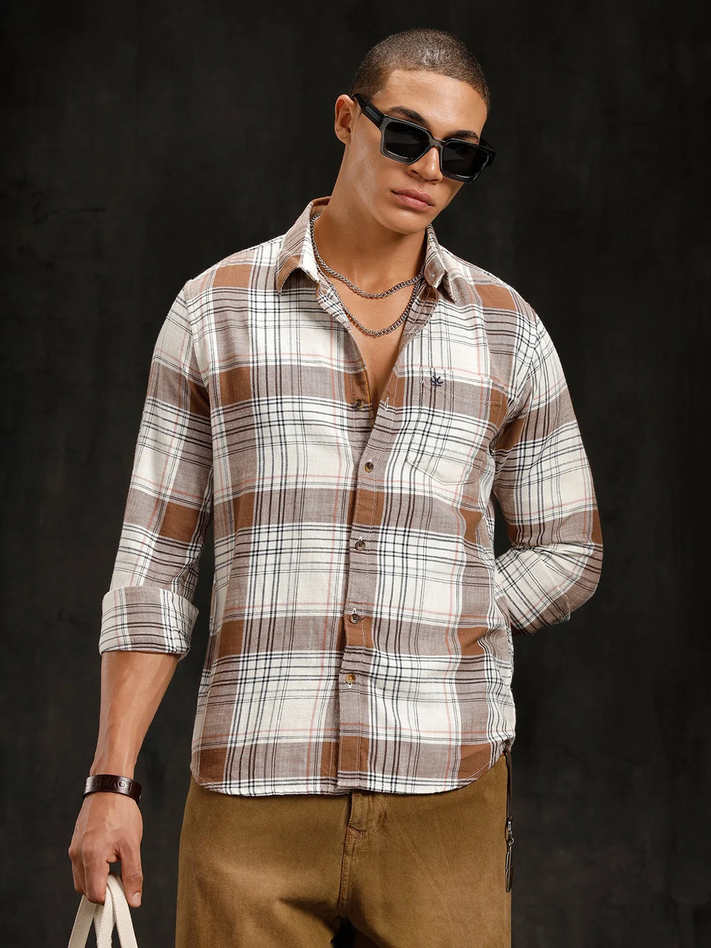 Checkered Cotton Slub Shirt | Brown
