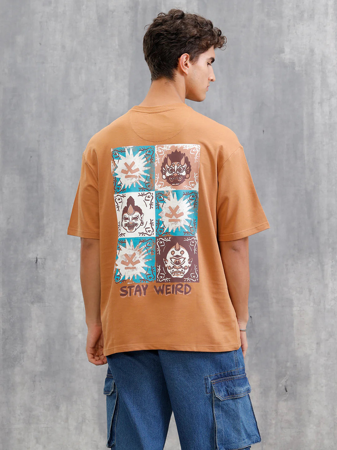 Mythical Face Inspired Back Print T-Shirt | Brown