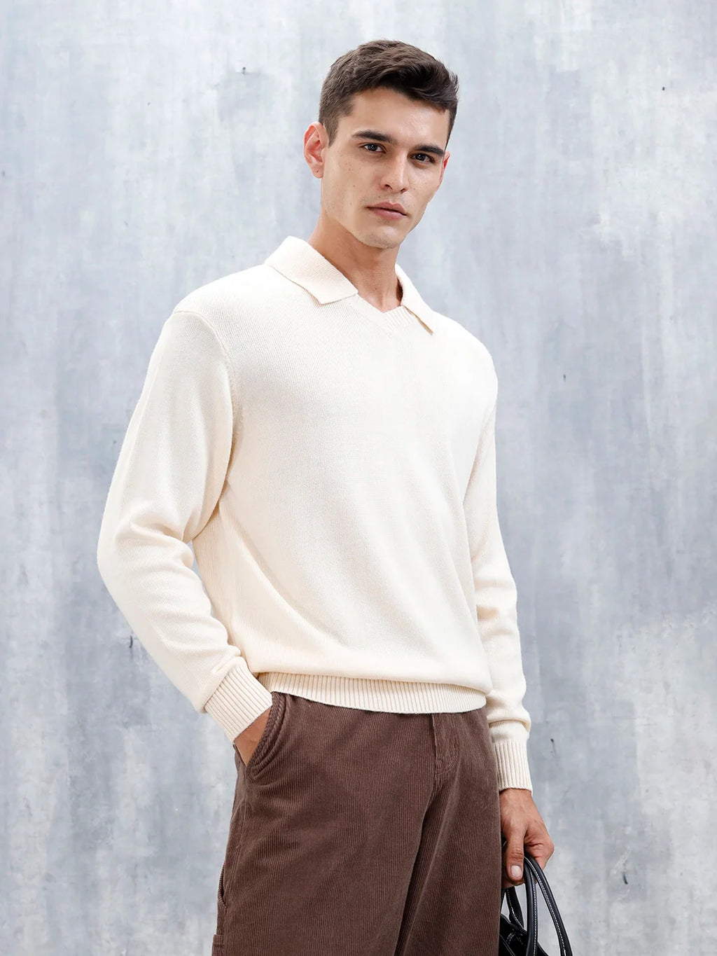 Classic Knit Men’s Sweater With Polo Collar | White
