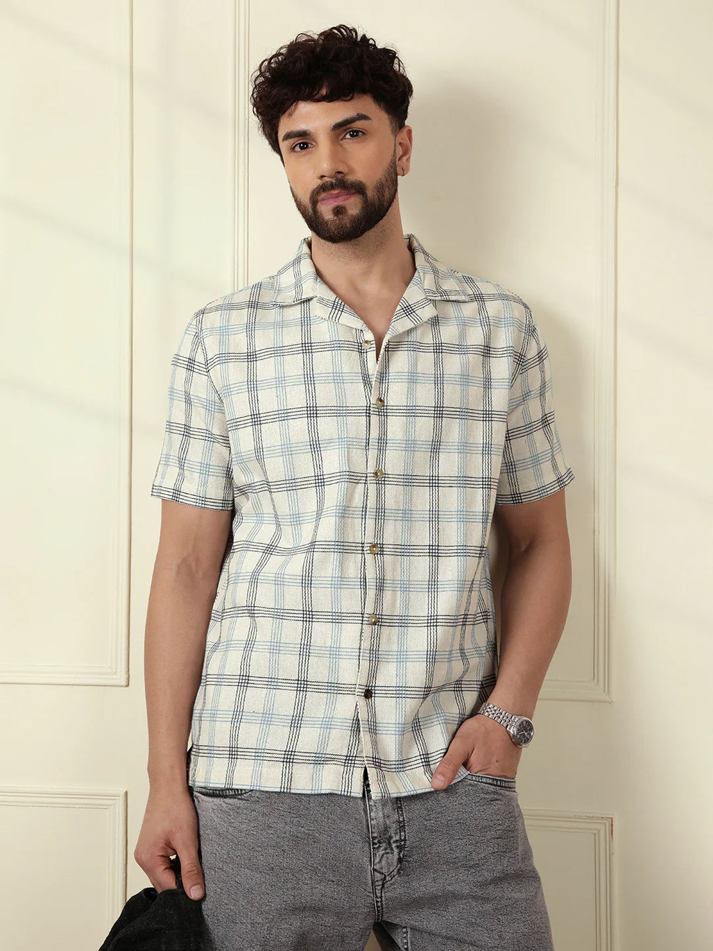 Checked Short Sleeve Textured Shirt | Beige