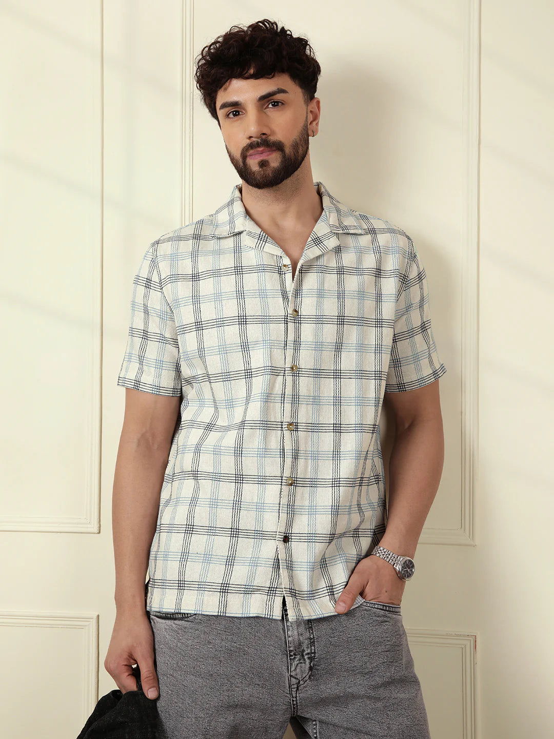 Checked Short Sleeve Textured Shirt | Beige