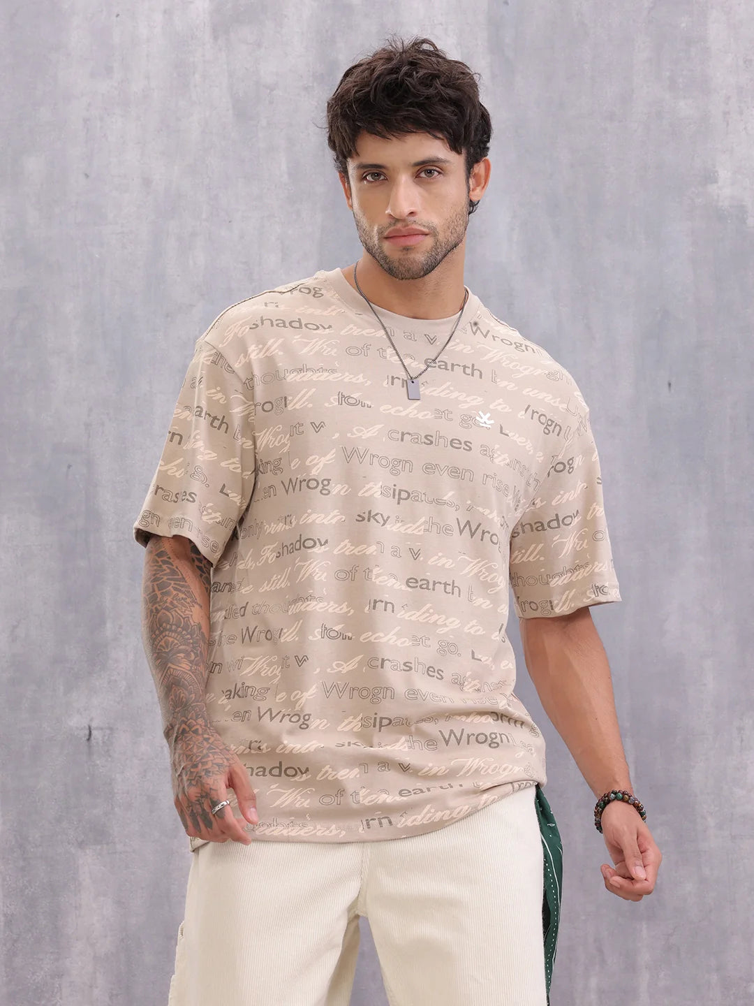 Typo Inspired Aop Oversized Fit T-shirt | Beige