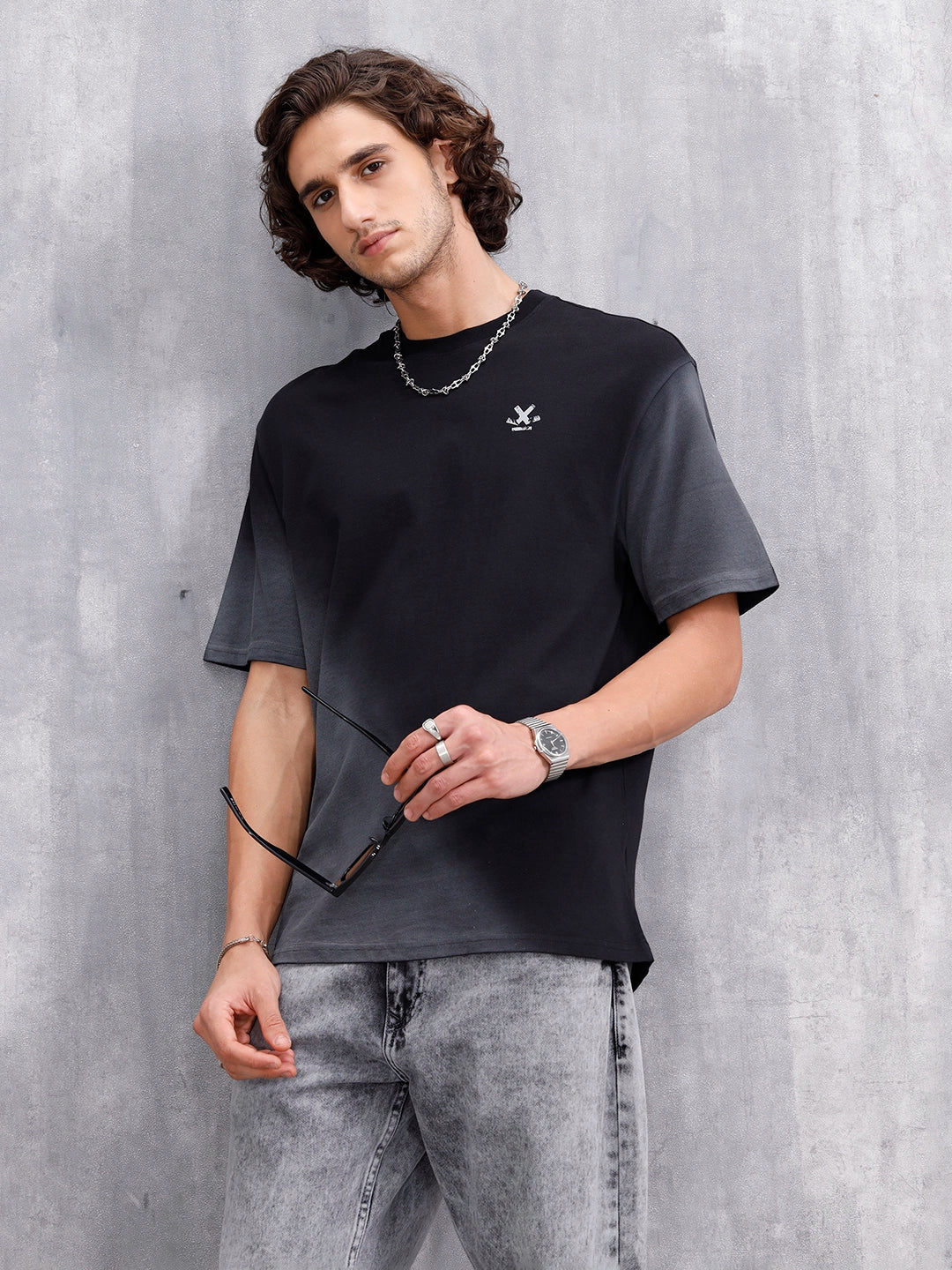 Washed Oversized Crew Neck T-shirt With Print | Black