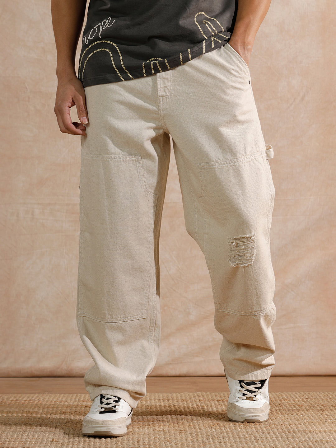 Distressed Loose Fit Trouser | Beige