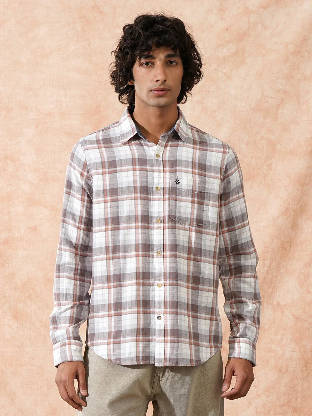 Checked Cotton Slub Shirt | Orange