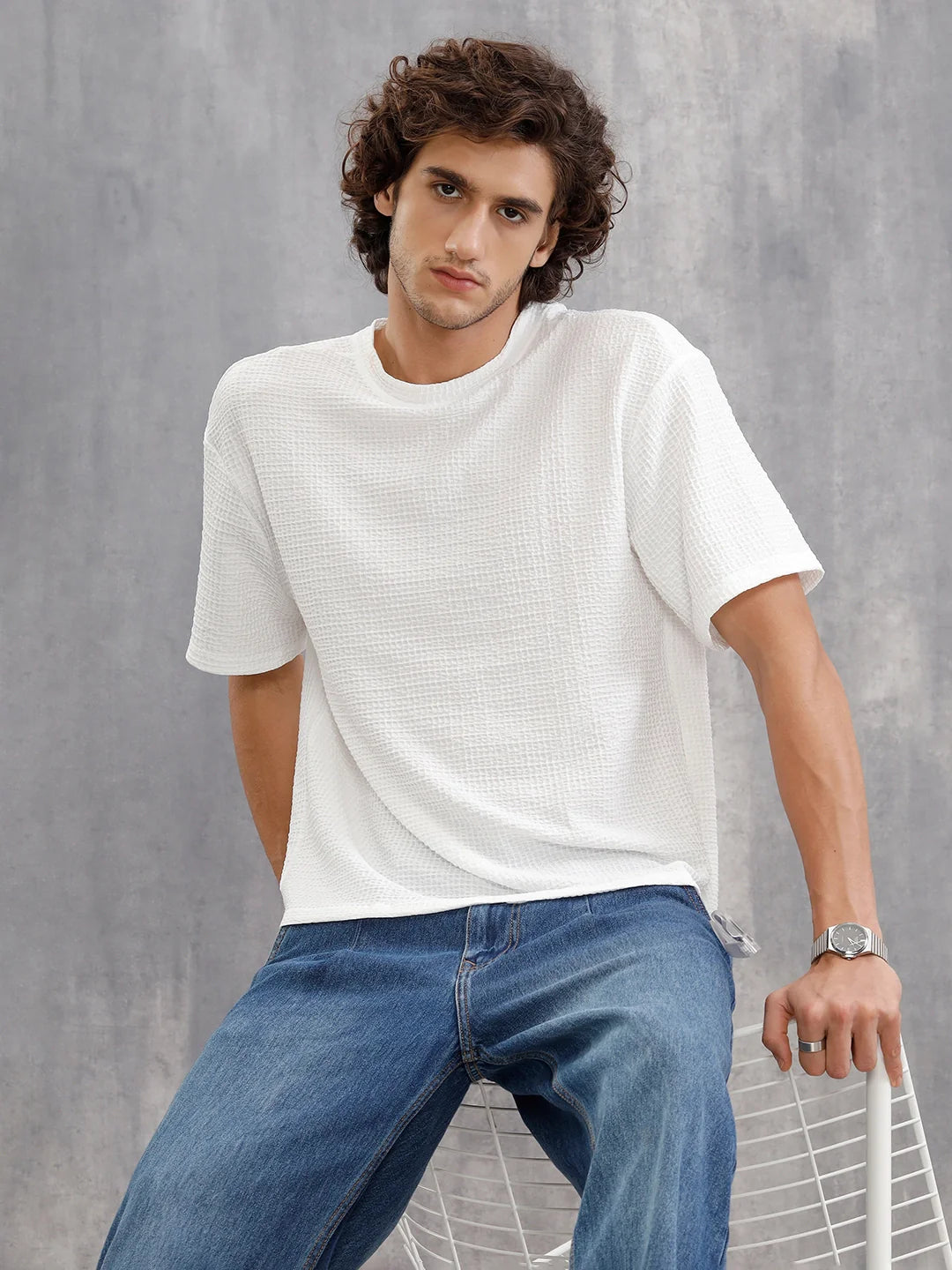 Honeycomb Textured Knit Crew Neck Pullover In Oversized Fit  |  White