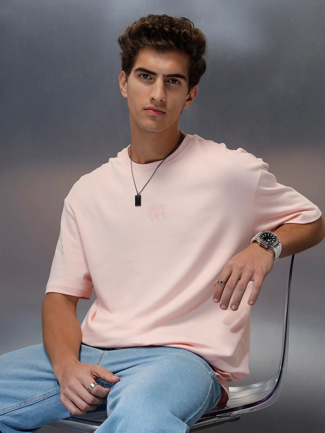 Branded men's casual oversized fit t-shirt | Pink