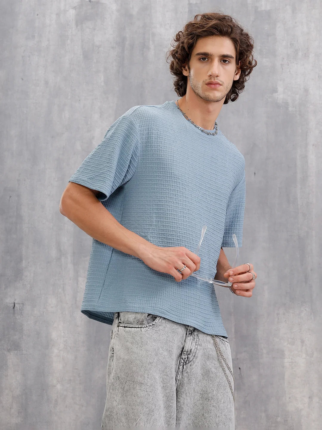 Oversized Jacquard Textured Crew Neck T-Shirt  |  Blue