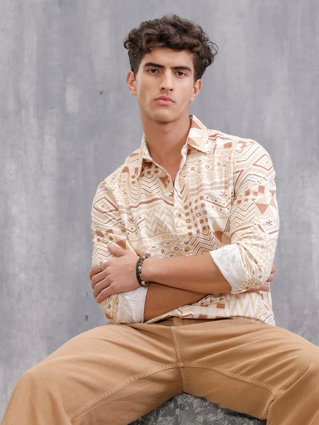 Corduroy Geometric Printed Shirt In Slim Fit | Beige