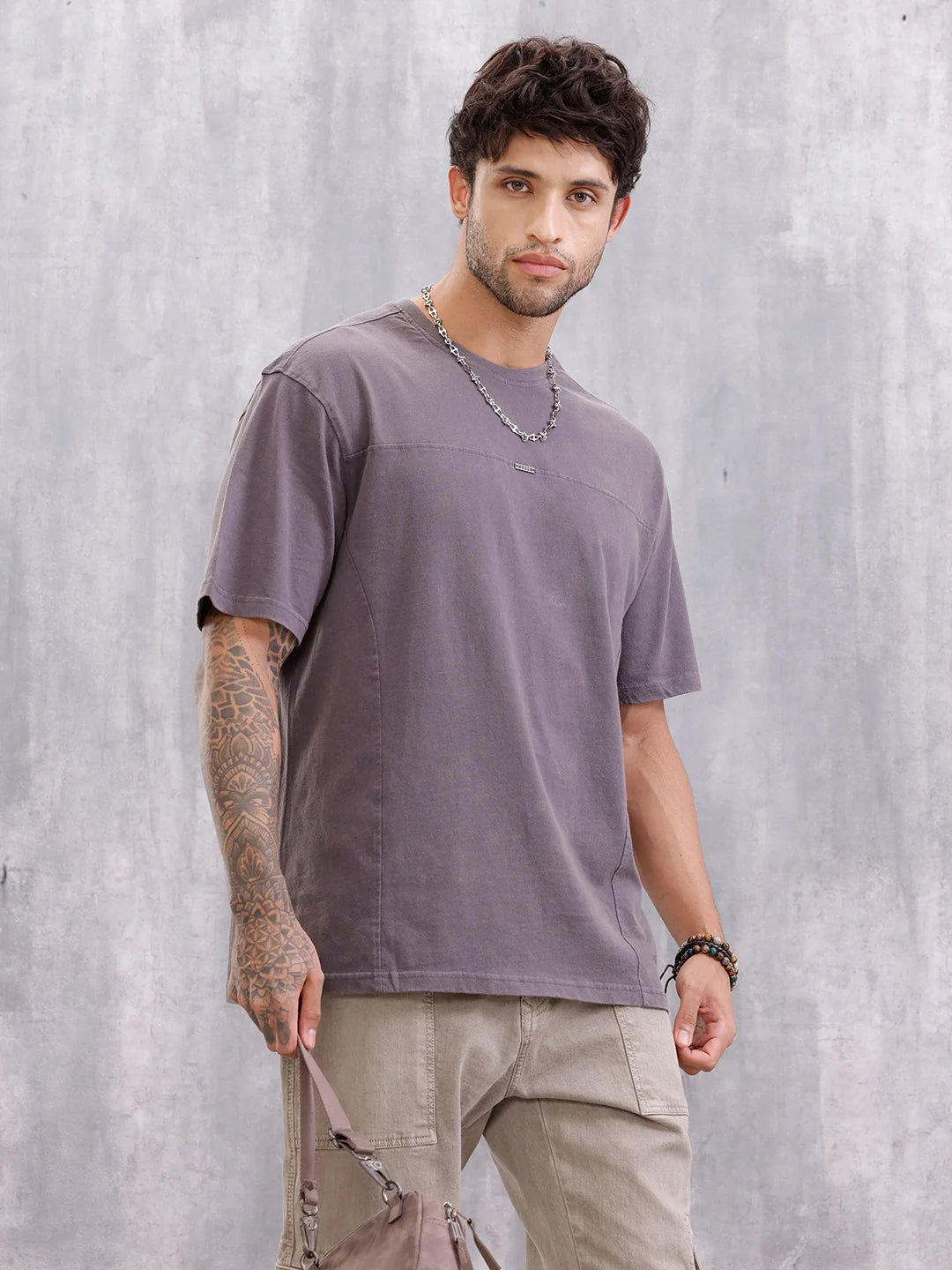 Distressed Grunge Look Oversized Fit T-shirt With Metal Branding | Dark Grey