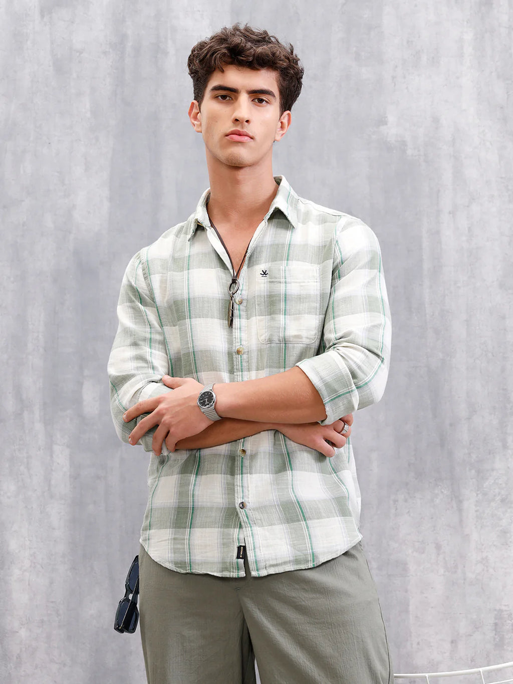 Cotton Twill Slub Checks In Slim Fit | Green