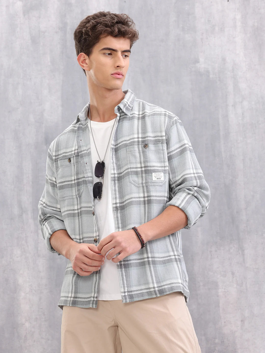 Comfort Fit Double Pocket Checks Shirt I Grey
