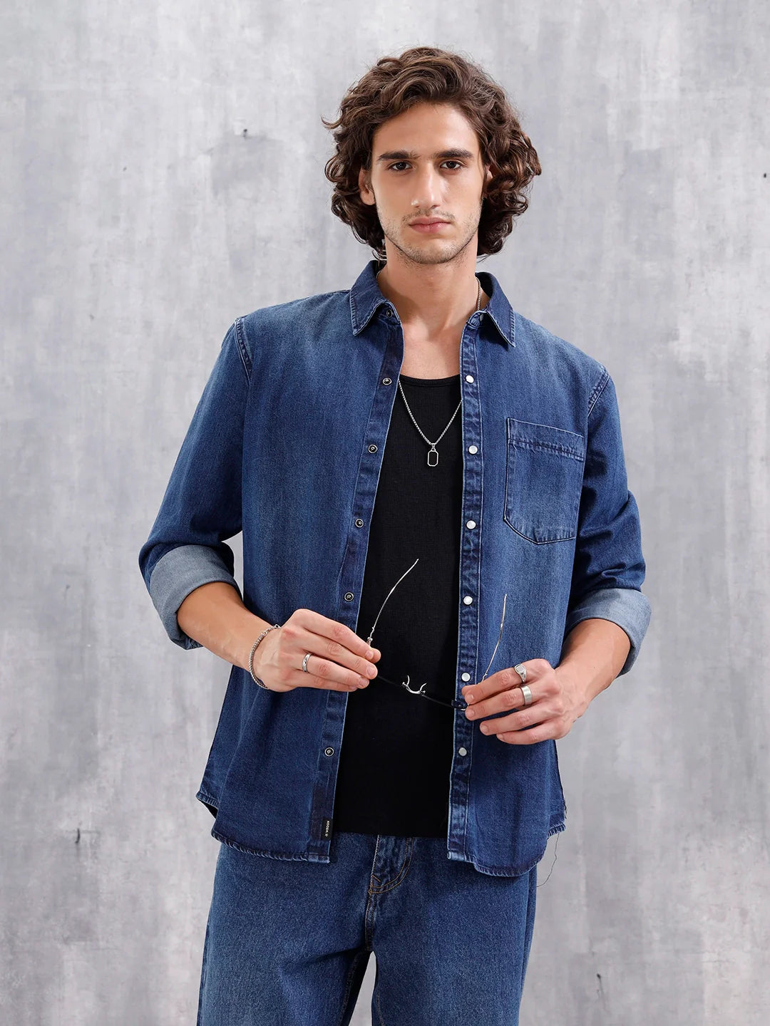 Denim Slim Fit Shirt In Medium Stone Wash | Dark Stone