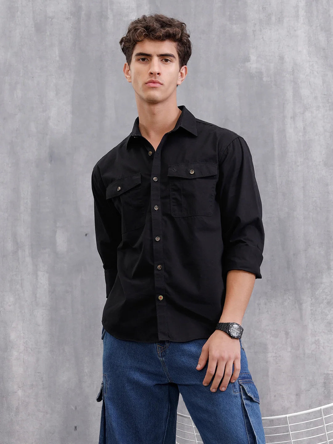 100% Cotton Enzyme Washed Regular Fit Shirt With Double Patch Pocket I Black