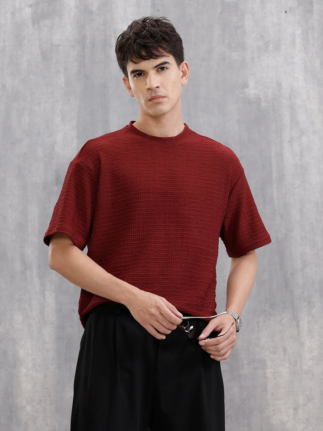 Oversized Jacquard Textured Crew Neck T-Shirt   | Maroon